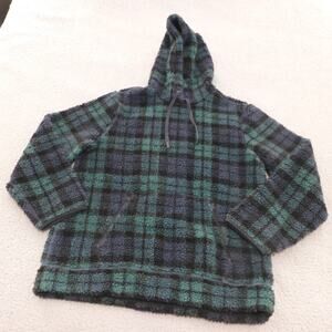 Vineyard Vines Hoodie Mens Medium Sherpa Plaid Green Fleece Pullover Pockets